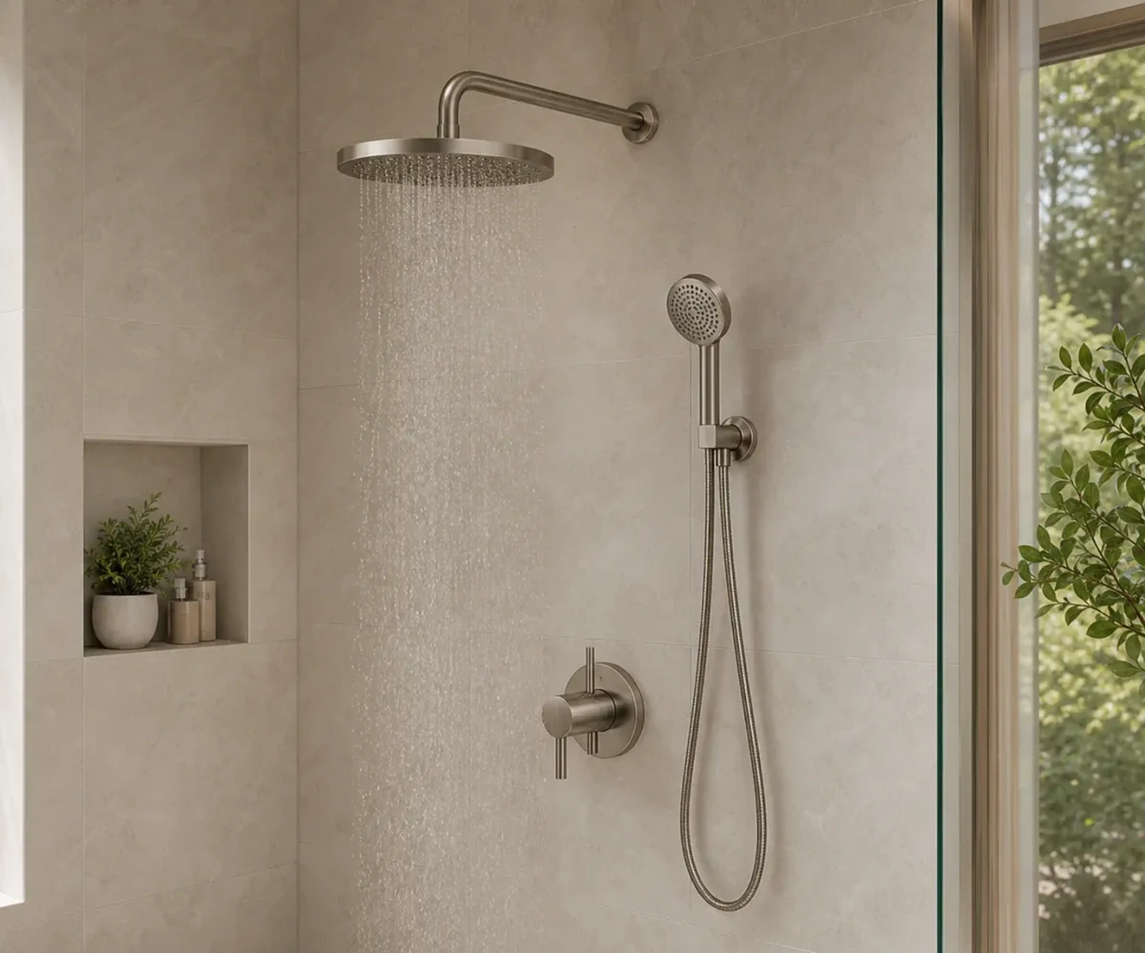 Contemporary shower system in a tiled bathroom